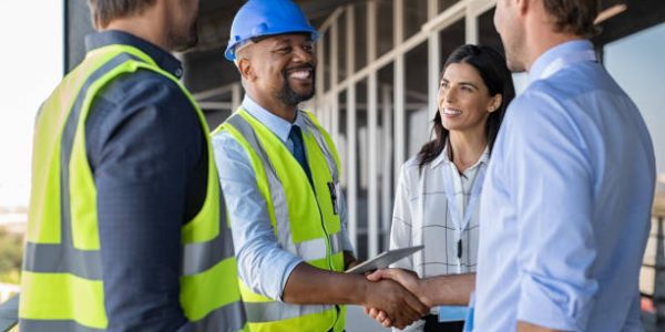 Smiling engineer shaking hands at construction site with happy architect. Handshake between cheerful african construction manager with businessman at bulding site. Team of workers with architects and contractor conclude an agreement with safety uniform.